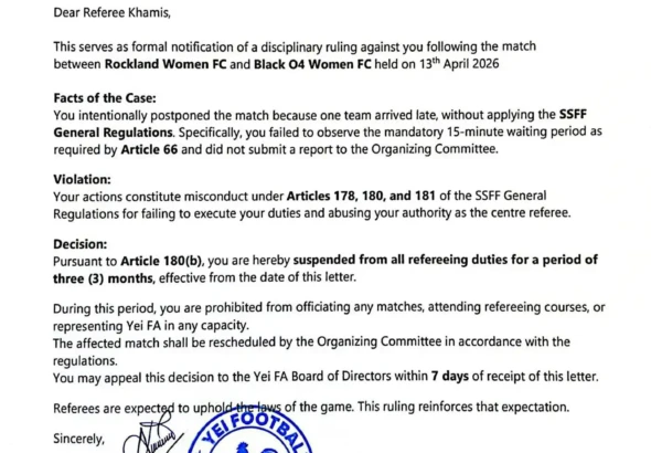 Yei Referee Banned for Three Months