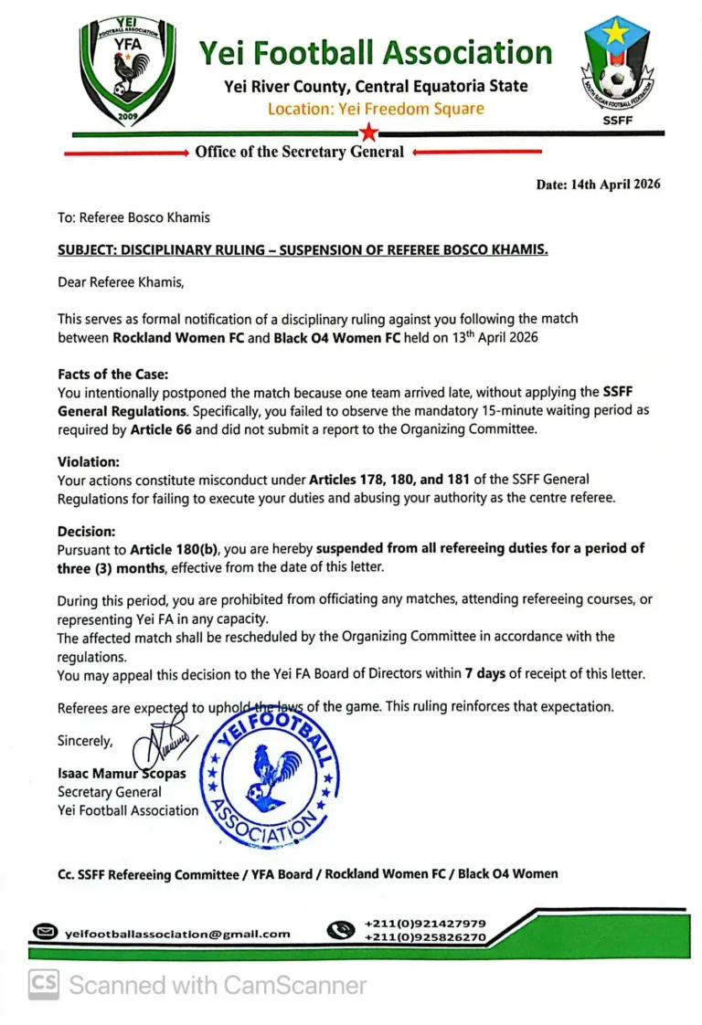 Yei Referee Banned for Three Months