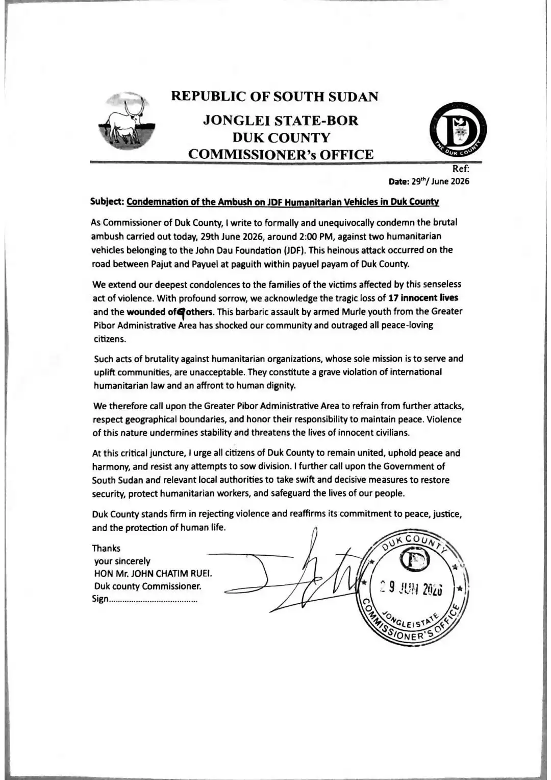 Commissioner Calls for Swift Action After Deadly Duk Ambush