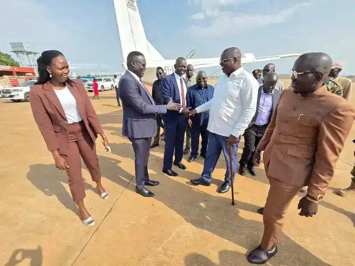 Governor Adil (Center) Greeting Juba City Mayor Christopher at Juba International Air Port.