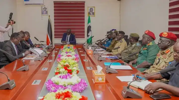 Central Equatoria State security committee during its weekly meeting held at the state headquarters on Wednesday. PHOTO CREDIT: Press Unit, Office of the Governor-Juba