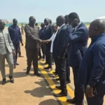Governor Adil greeting his cabinet members at Juba International Air port before departing for Kajo-Keji on Wednesday Morning. Photo Credit: Press Unit, Office of the Governor-CES