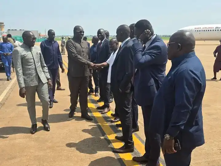 Governor Adil greeting his cabinet members at Juba International Air port before departing for Kajo-Keji on Wednesday Morning. Photo Credit: Press Unit, Office of the Governor-CES