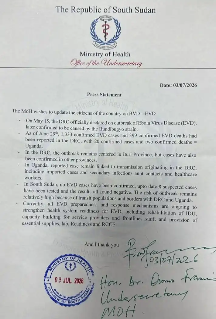 Ministry Press Statement Warns of High Ebola Risk in South Sudan