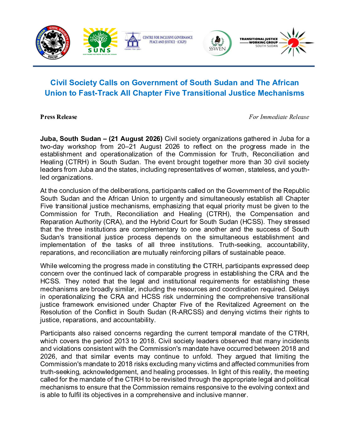PRESS Release - Civil Society Calls for Fast-Tracking of all Chapter 5 mechanisms - 21 August 26