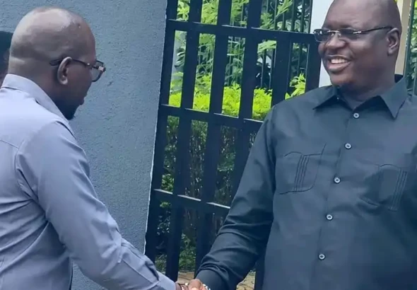 Governor Adil Greets his Deputy Paulino Obede upon arrival from Yei. Photo credit-Press Unit office of the governor