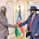 President Salva Kiir (R) and NEC Chairperson Abdenego. Photo Credit-Press Unit, Office of the President