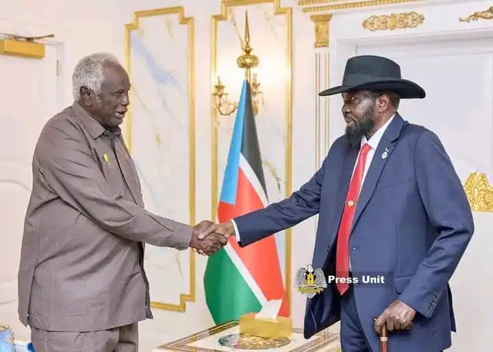 President Salva Kiir (R) and NEC Chairperson Abdenego. Photo Credit-Press Unit, Office of the President