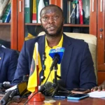 NPM Chairperson Dr Issa Muzamil, together with party members while addressing the media on Wednesday in Juba