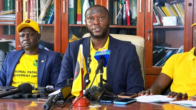 NPM Chairperson Dr Issa Muzamil, together with party members while addressing the media on Wednesday in Juba