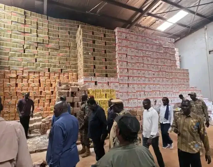 Governor Jadalla and Comissioner Ladu inspects a food store in Gumbo. Photo Credit-Press Unit-Office of the Governor