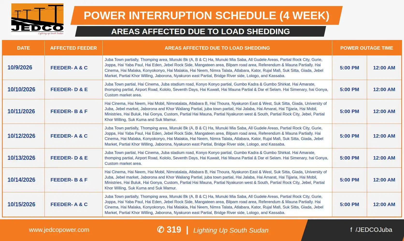 JEDCO Releases Week 4 Power Rationing Schedule