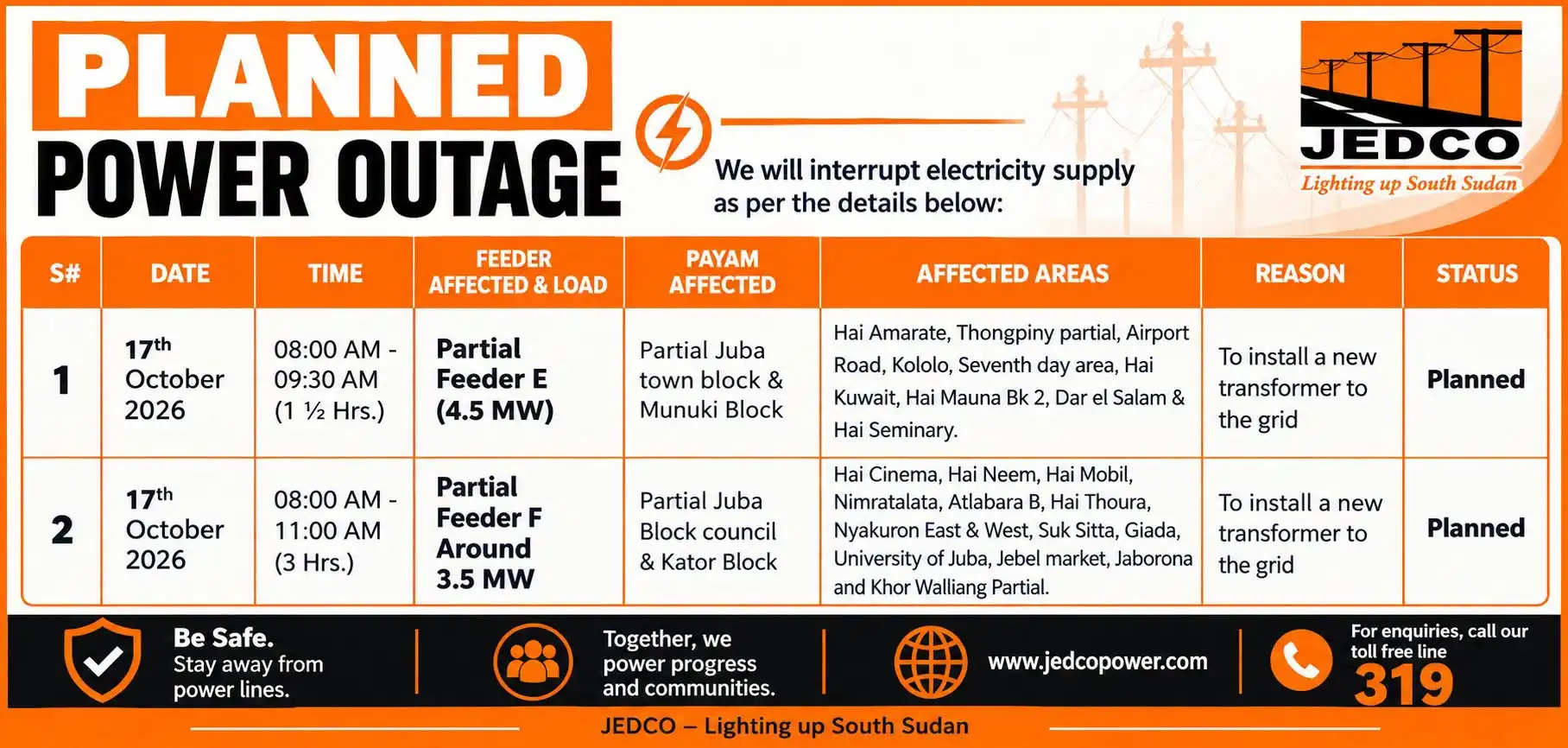JEDCO to Interrupt Power in Juba for Transformer Works