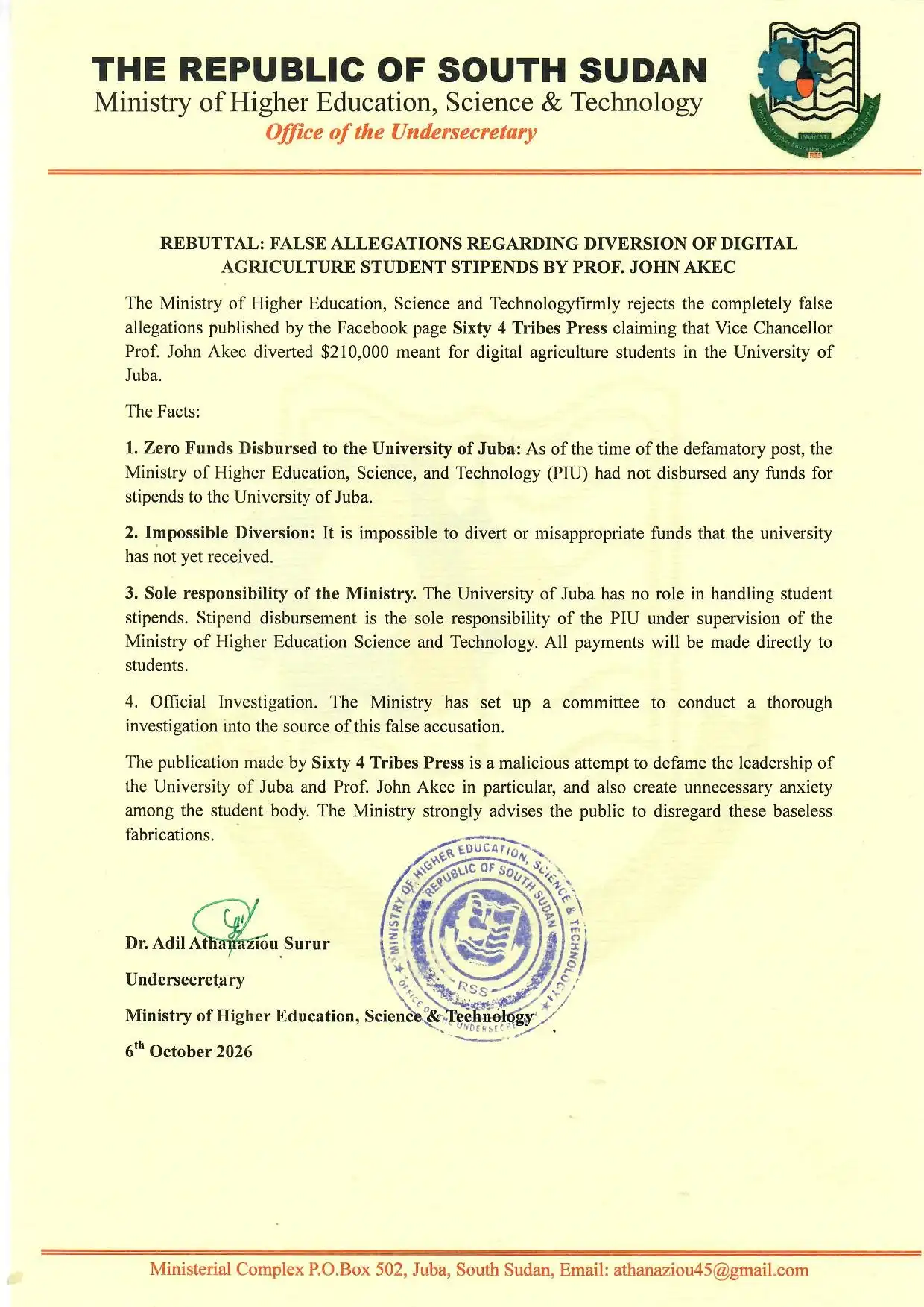 Ministry Rejects Juba University Fund Claims