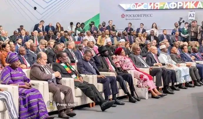 Presiden Kiir Seated at a front raw listens to remarks delivered by Rusian President Putin-Photo Credit-Press Unit-Office of the President-RSS