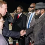 President Kiir (Right ) greets Rusian officials. Photo Credit-Press Unit-Office of the President