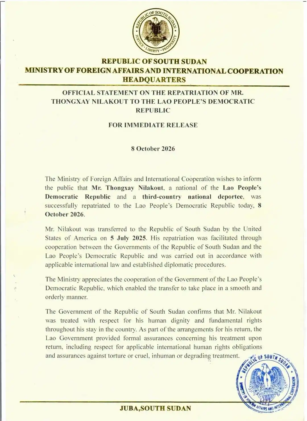 South Sudan Ends Year Long Detention of Laotian Deportee