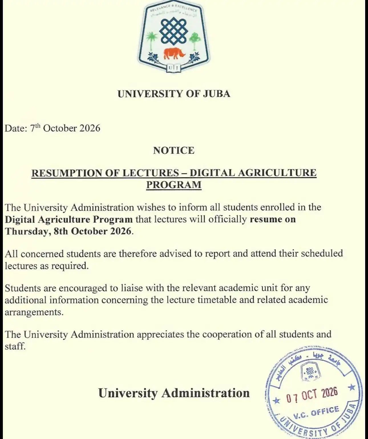 University of Juba Confirms Thursday Lecture Resumption