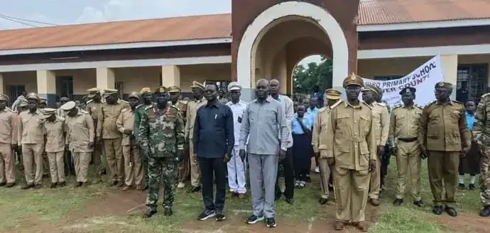 Yei Commissioner Emmanuel Taban Seme (Center) in Grey outfit stands Next to the state local minister Gale to his right-Photo Credit-James Innocent-Yei County Press Unit