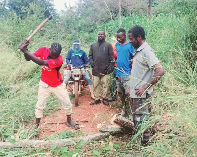 Youth clearing off fallen trees on the Yei-Maridi Road. Photo Credit-Christopher Taharir